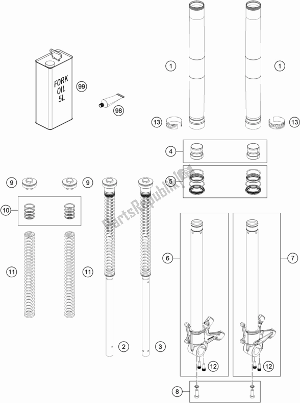 All parts for the Front Fork Disassembled of the KTM 790 Duke Orange EU 2018