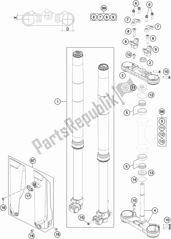 Alle onderdelen voor de Voorvork, Drievoudige Klem van de KTM 85 SX 19/ 16 2018