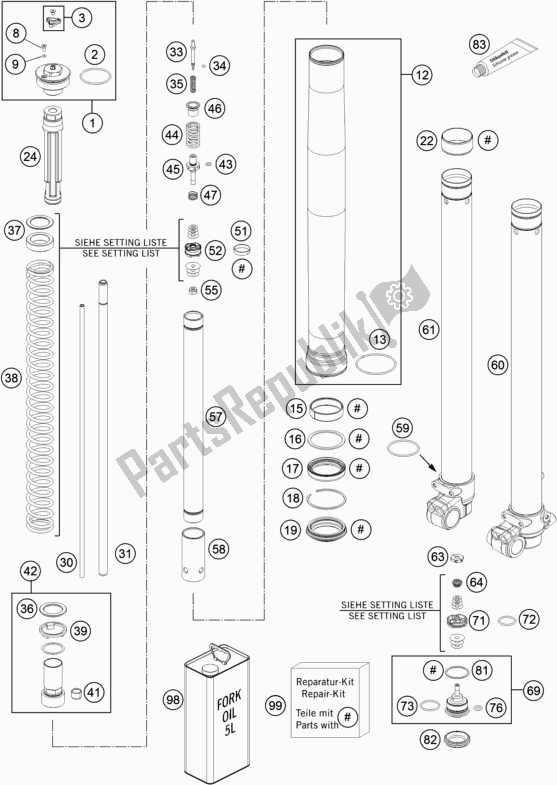 Alle onderdelen voor de Voorvork Gedemonteerd van de KTM 85 SX 19/ 16 EU 2017