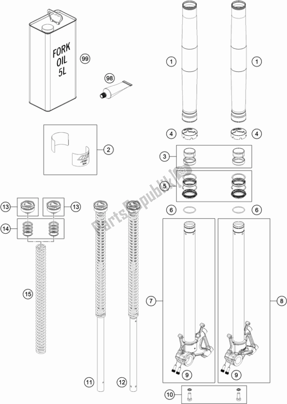 All parts for the Front Fork Disassembled of the KTM 890 Adventure,black EU 2021