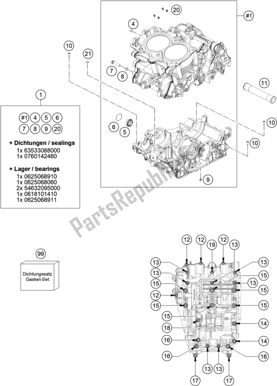 All parts for the Engine Case of the KTM 890 Adventure,orange EU 2021