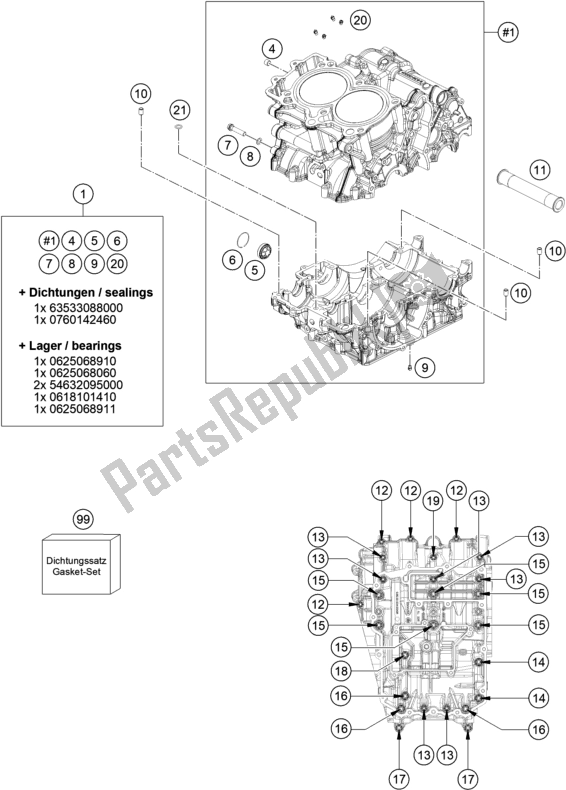 All parts for the Engine Case of the KTM 890 Adventure,orange US 2021