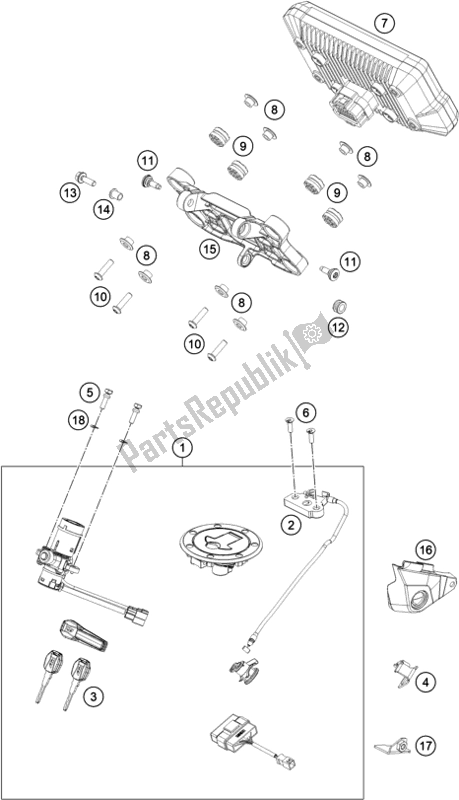 All parts for the Instruments / Lock System of the KTM 890 Adventure,orange US 2021