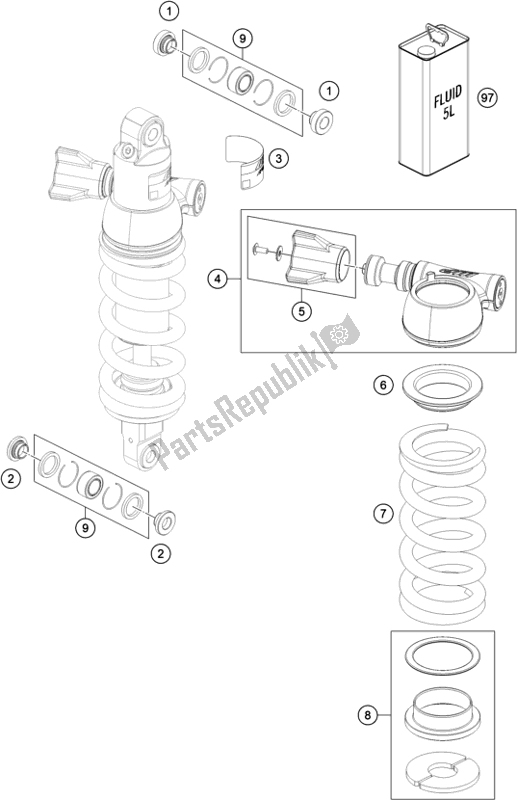 All parts for the Shock Absorber Disassembled of the KTM 890 Adventure,orange US 2021