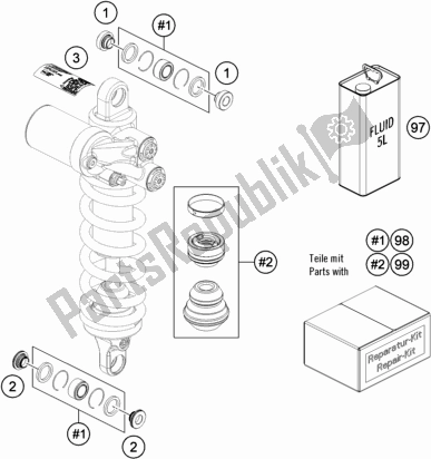 All parts for the Shock Absorber Disassembled of the KTM 890 Adventure R Rally US 2021