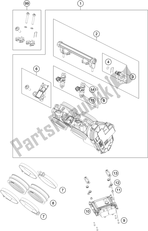 All parts for the Throttle Body of the KTM 890 Adventure R Rally US 2021