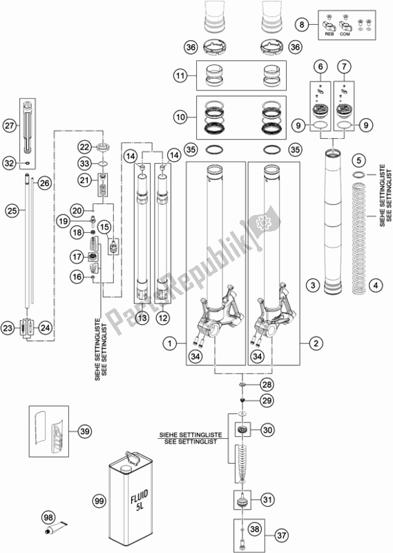 All parts for the Front Fork Disassembled of the KTM 890 Adventure R US 2021