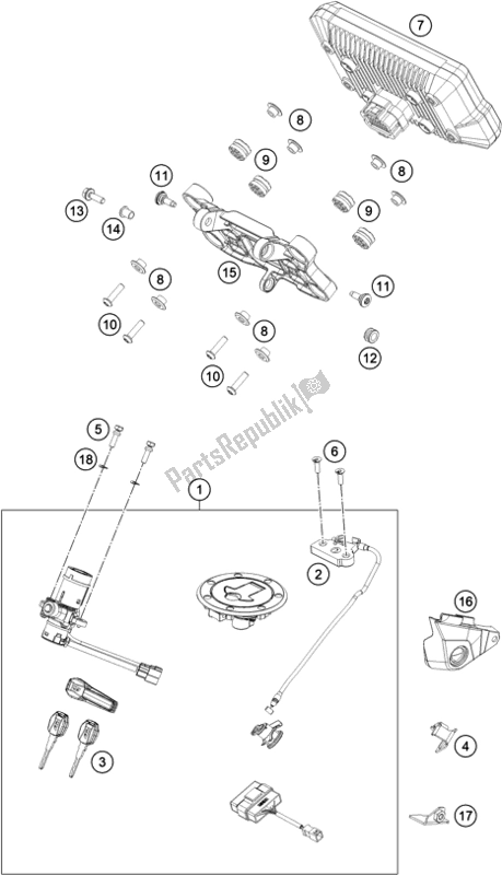 All parts for the Instruments / Lock System of the KTM 890 Adventure R US 2021