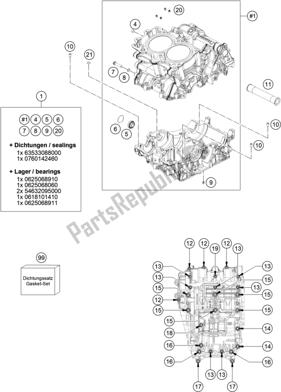 All parts for the Engine Case of the KTM 890 Duke R EU 2020