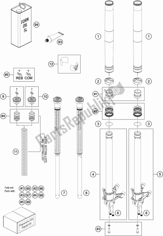 All parts for the Front Fork Disassembled of the KTM 890 Duke R EU 2020