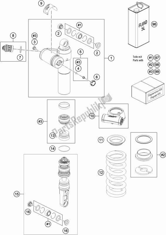 All parts for the Shock Absorber Disassembled of the KTM 890 Duke R EU 2020