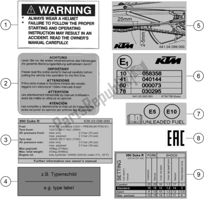 All parts for the Technic Information Sticker of the KTM 890 Duke R EU 2020