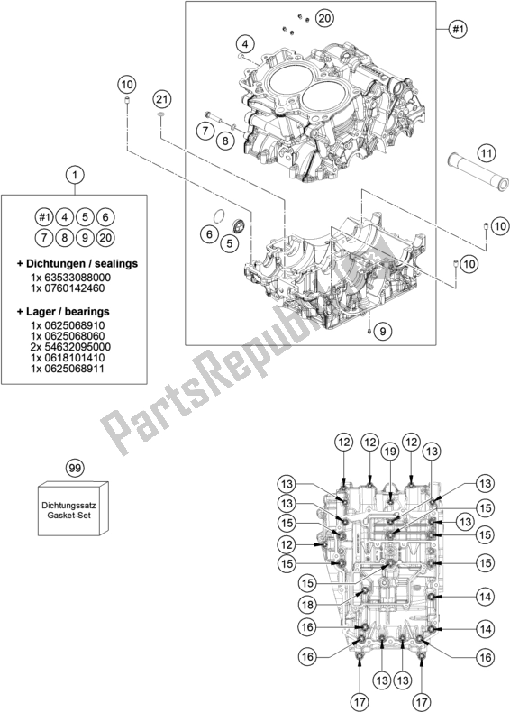 All parts for the Engine Case of the KTM 890 Duke R EU 2021