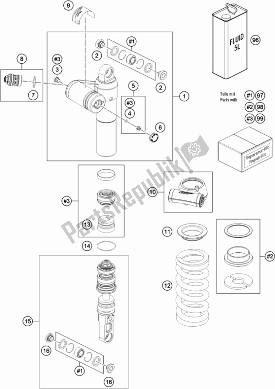 All parts for the Shock Absorber Disassembled of the KTM 890 Duke R EU 2021