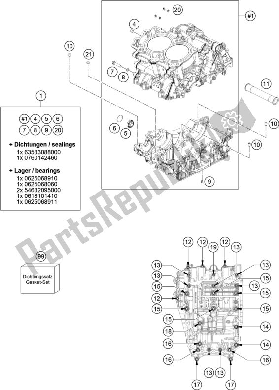 All parts for the Engine Case of the KTM 890 Duke R US 2020