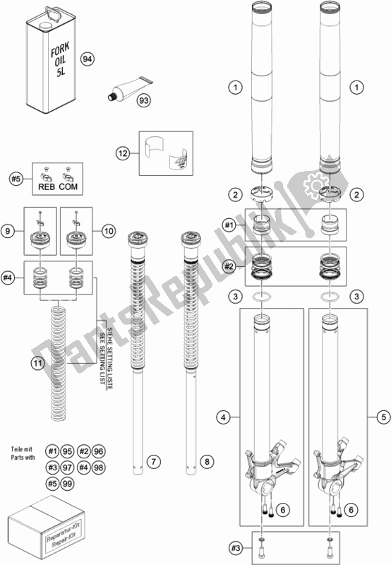 All parts for the Front Fork Disassembled of the KTM 890 Duke R US 2020