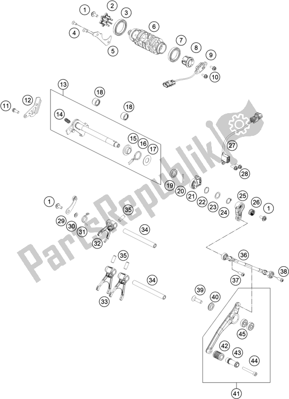 All parts for the Shifting Mechanism of the KTM 890 Duke R US 2020