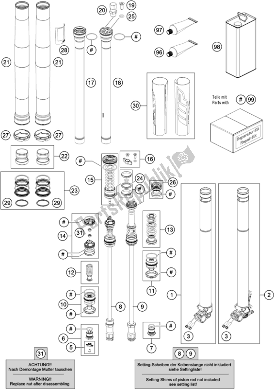 Alle onderdelen voor de Voorvork Gedemonteerd van de KTM EX 250F US 2021