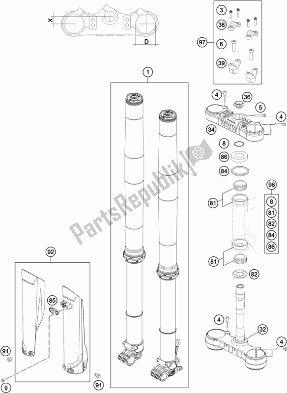 Todas las partes para Horquilla Delantera, Triple Abrazadera de KTM EX 250F US 2021