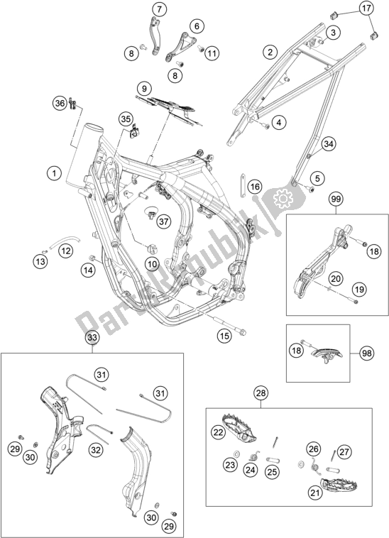 All parts for the Frame of the KTM EX 350F US 2021