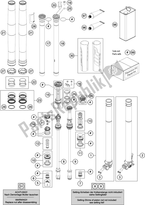 Alle onderdelen voor de Voorvork Gedemonteerd van de KTM EX 350F US 2021
