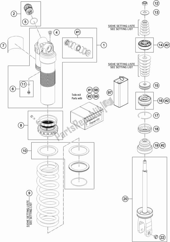 All parts for the Shock Absorber Disassembled of the KTM EX 350F US 2021