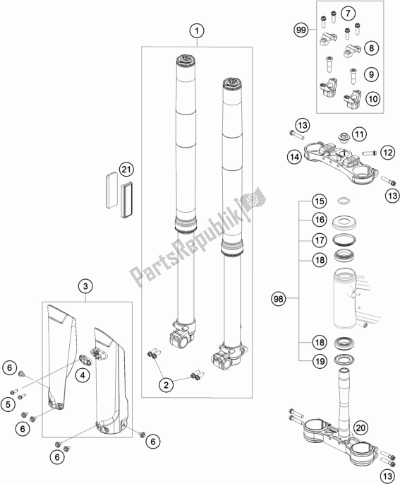 All parts for the Front Fork, Triple Clamp of the KTM Freeride 250 F 2020