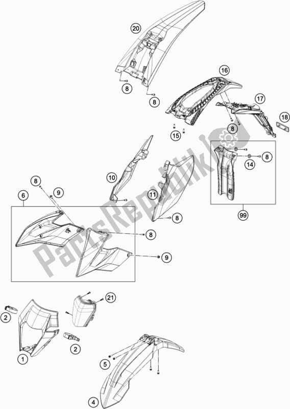 All parts for the Mask, Fenders of the KTM Freeride 250 F 2020