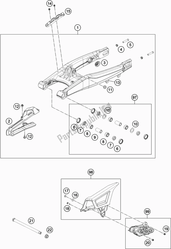 All parts for the Swing Arm of the KTM Freeride 250 F 2020