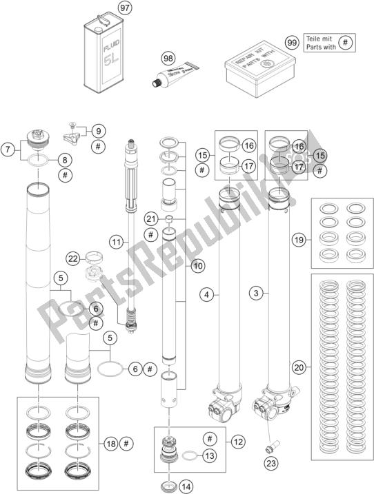 All parts for the Front Fork Disassembled of the KTM Freeride 350 2017