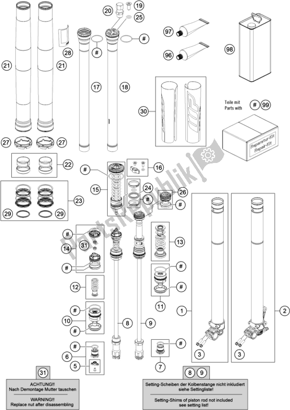 All parts for the Front Fork Disassembled of the KTM MC 125 EU 2021