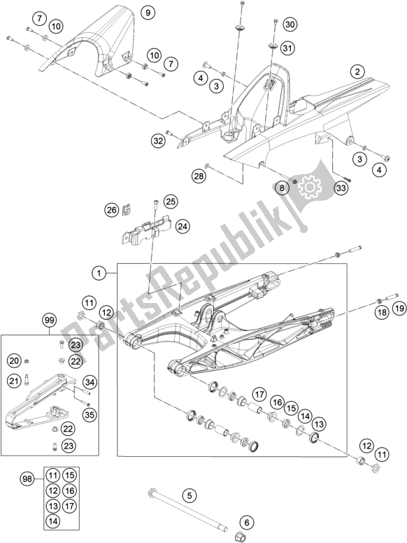 All parts for the Swing Arm of the KTM RC 390 ,black-B. D. 2018