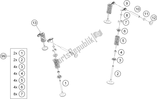 Alle onderdelen voor de Klepaandrijving van de KTM RC 390 Black B. D. 17 2017