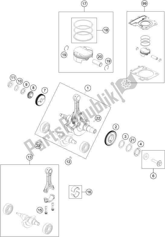 All parts for the Crankshaft, Piston of the KTM RC 390 ,white-B. D. 2020
