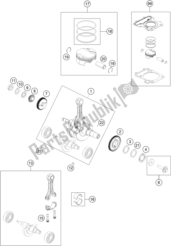 All parts for the Crankshaft, Piston of the KTM RC 390 ,white-B. D. 2020