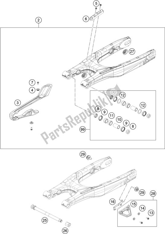 All parts for the Swing Arm of the KTM RC4 R 690 2020