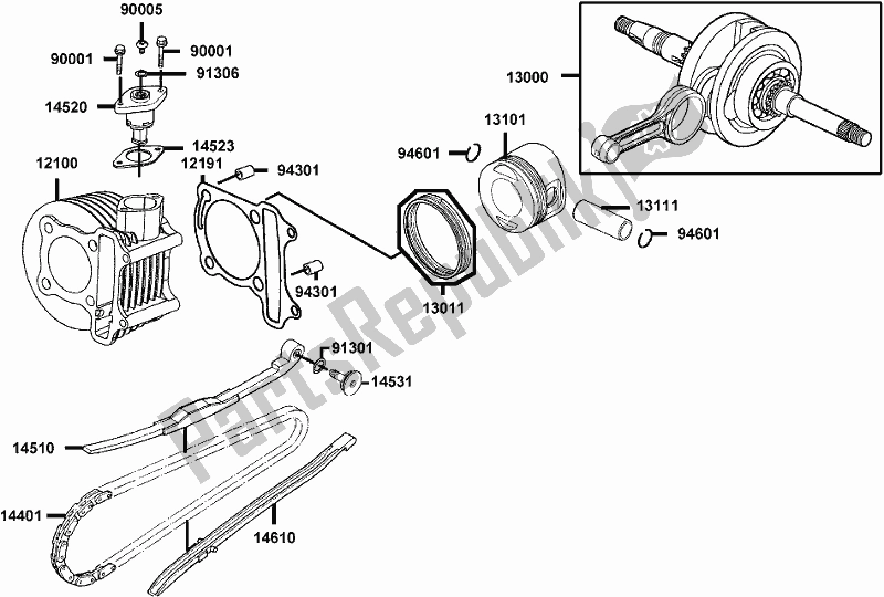 Alle onderdelen voor de E03 - Cylinder/ Piston,ring/ Crankshaft van de Kymco KF 40 BB AU -Agility 16+ City 200 4016200 2016