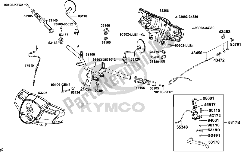 Alle onderdelen voor de F03 - Handle Steering/ Handle Cover van de Kymco KG 10 AA AU -Like 50 2010 10502010 2011