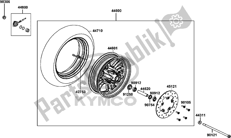 All parts for the F07 - Front Wheel of the Kymco KG 10 AA AU -Like 50 2010 10502010 2011