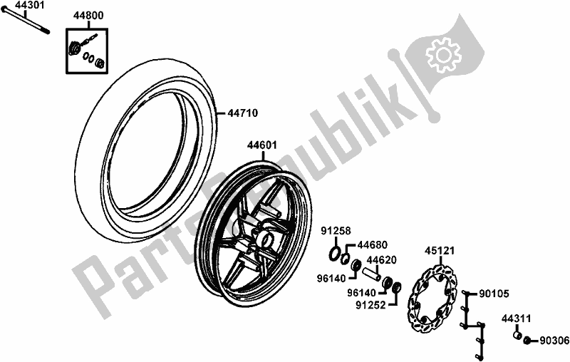 Alle onderdelen voor de F07 - Front Wheel van de Kymco KL 25 SA AU -Super 8 258 2009