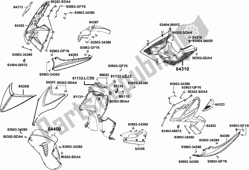 Alle onderdelen voor de F05 - Front Cover Front Fender van de Kymco KL 25 SL AU -Super 8 258 2017