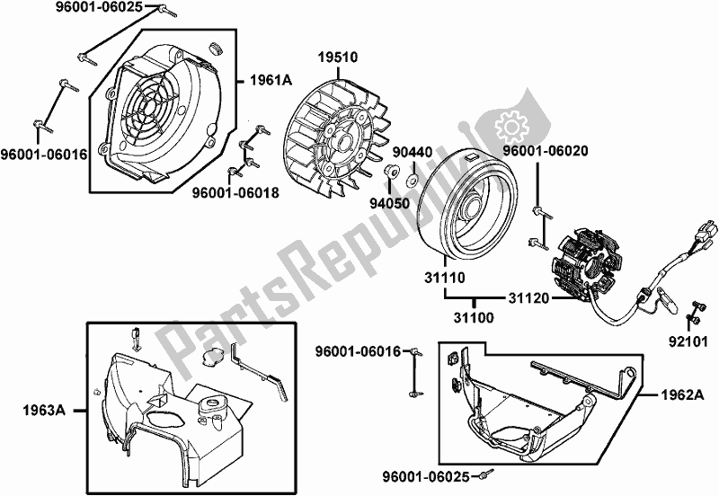 All parts for the E08 - Fan Cover/ Generator of the Kymco KN 25 BE AU -Agility Carry 125 25125 2017