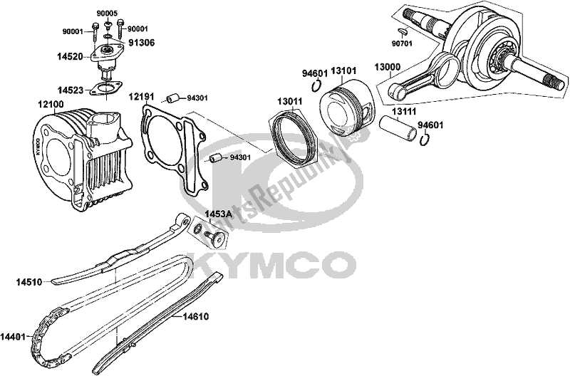 Alle onderdelen voor de E03 - Cylinder/ Piston,ring/ Crankshaft van de Kymco KN 25 CA AU -Agility 125 25125 2008