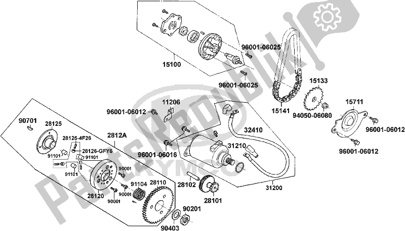 Alle onderdelen voor de E06 - Starting Motor/ Oil Pump van de Kymco KN 25 SR AU -Agility 125 25125 2010