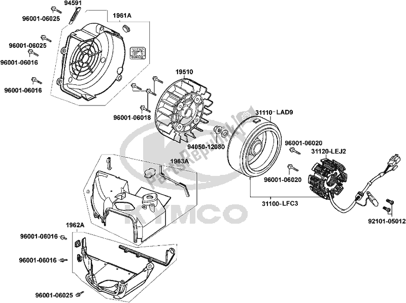 Alle onderdelen voor de E07 - Fan Cover/ Generator van de Kymco KN 25 SR AU -Agility 125 25125 2010