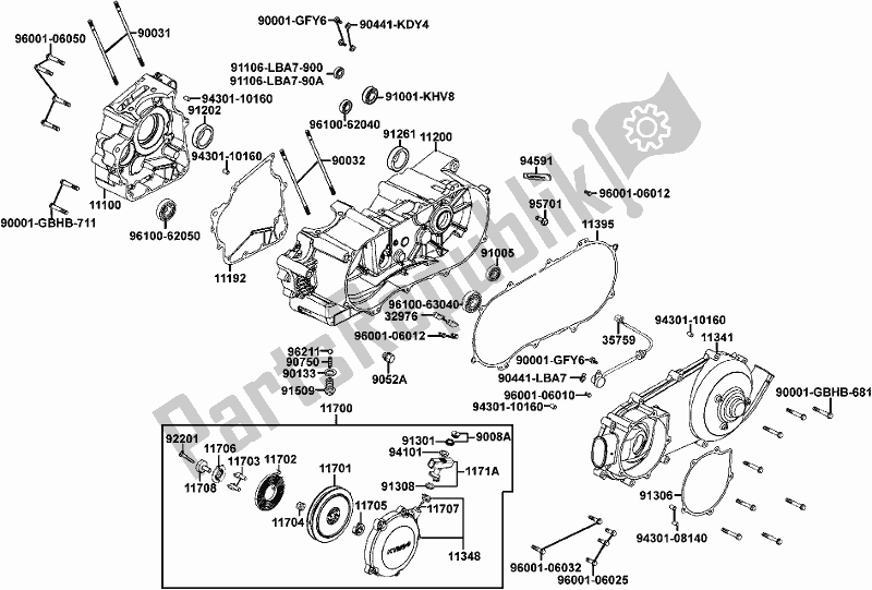 All parts for the E01 - Crankcase of the Kymco LB 50 AA AU -MXU 250 50250 2009