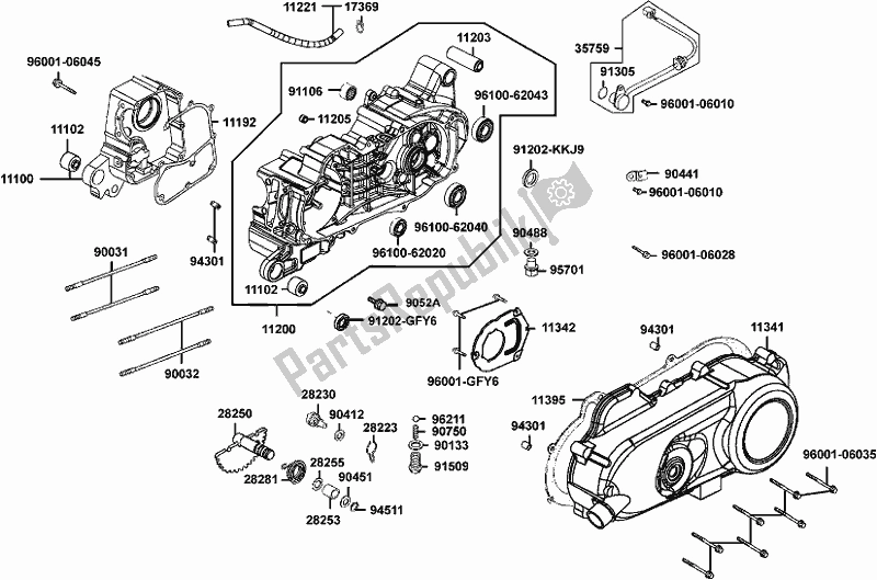 Alle onderdelen voor de E01- Crankcase van de Kymco LE 20 BB AU -Mongoose 90S 2090 2016