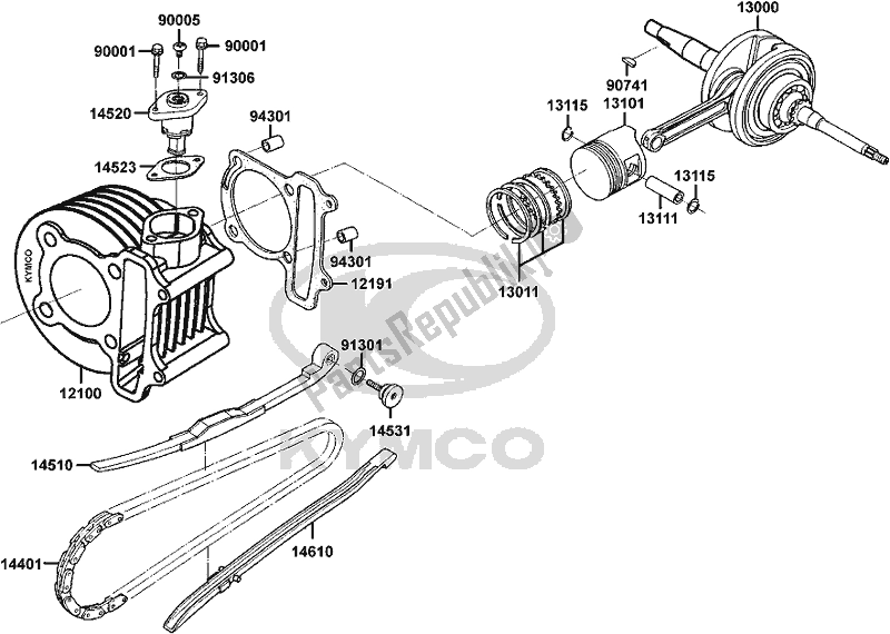 Alle onderdelen voor de E03 - Cylinder/ Piston, Rings/ Crankshaft van de Kymco LE 20 BB AU -Mongoose 90S 2090 2016