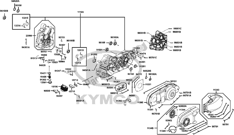 Alle onderdelen voor de E01 - Crankcase van de Kymco SBA0 AG AU -Xciting R 500I 0500 2008