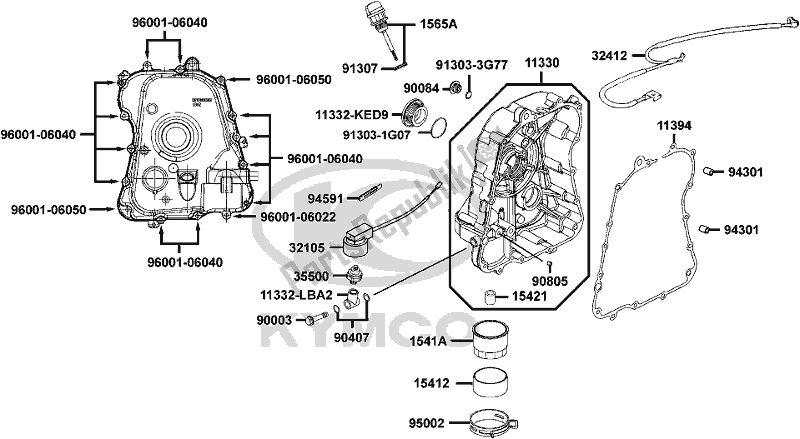 Alle onderdelen voor de E04 - Right Crankcase Cover van de Kymco SBA0 AG AU -Xciting R 500I 0500 2008